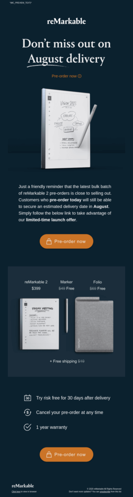 Pre-order announcement email by reMarkable
