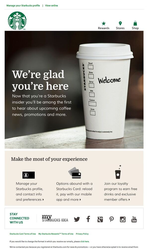 a welcome email from starbucks as an example for relationship selling